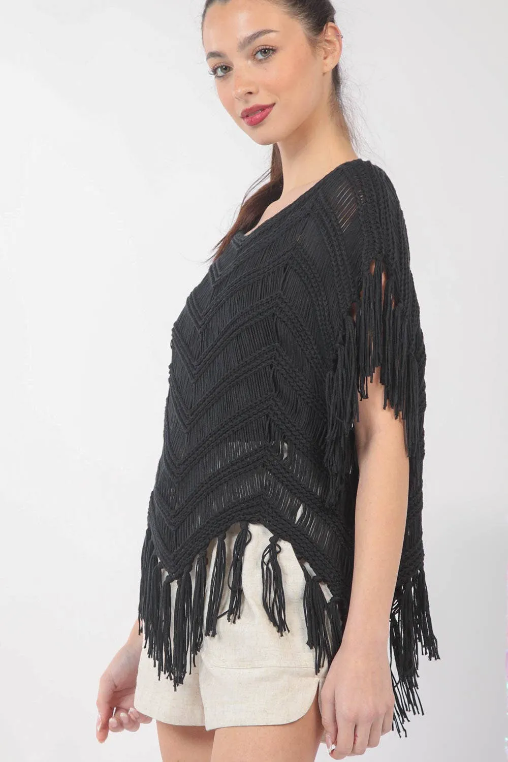12W3006N-Fringe Detail Oversized Sweater Top