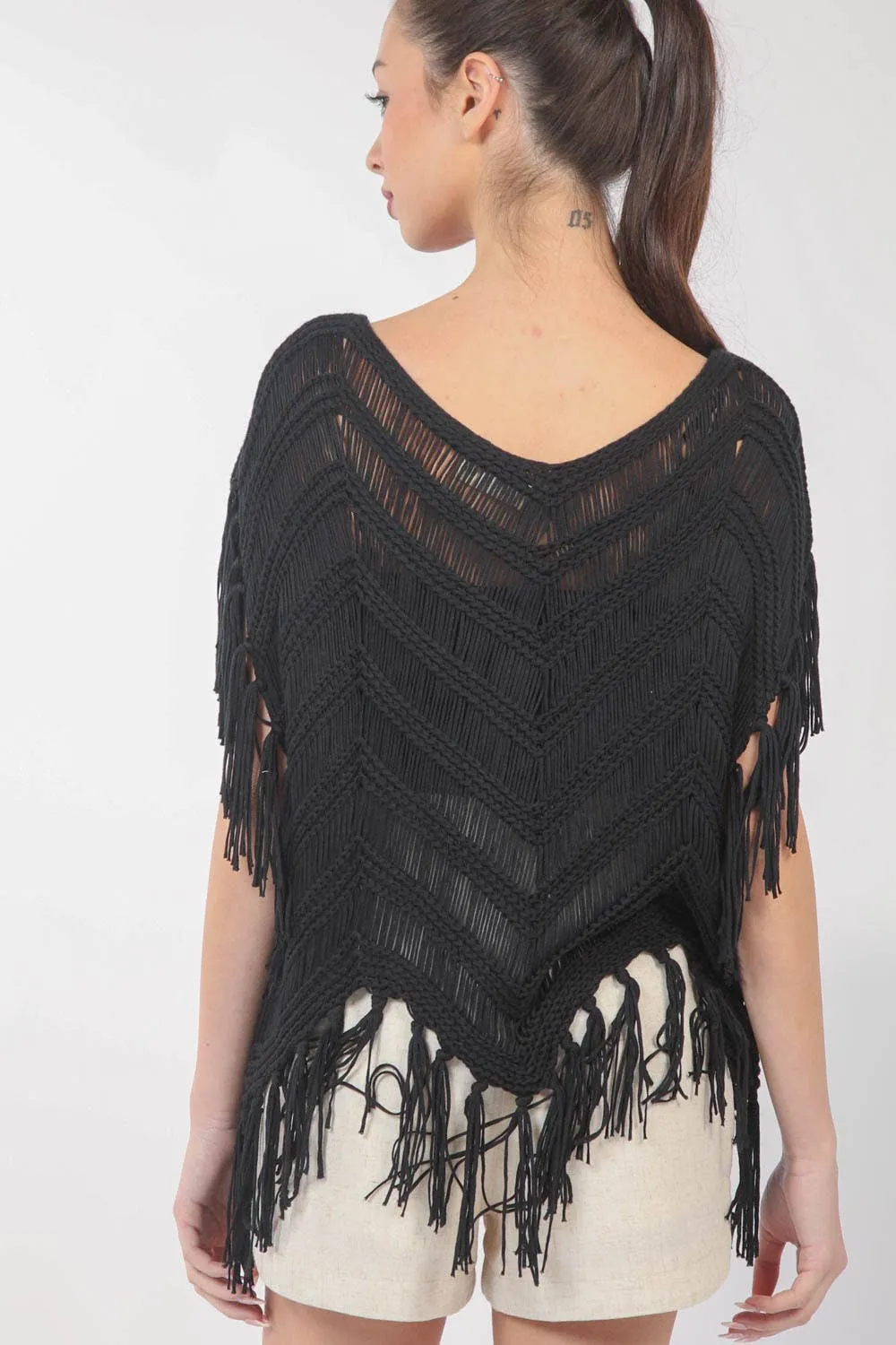 12W3006N-Fringe Detail Oversized Sweater Top