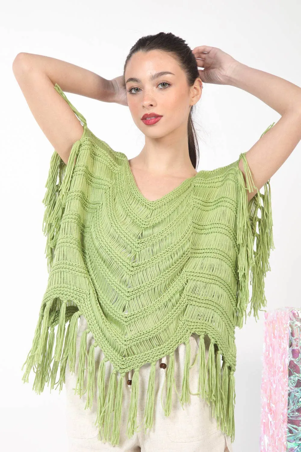 12W3006N-Fringe Detail Oversized Sweater Top