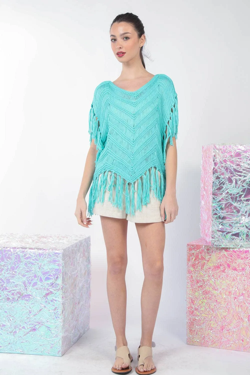 12W3006N-Fringe Detail Oversized Sweater Top