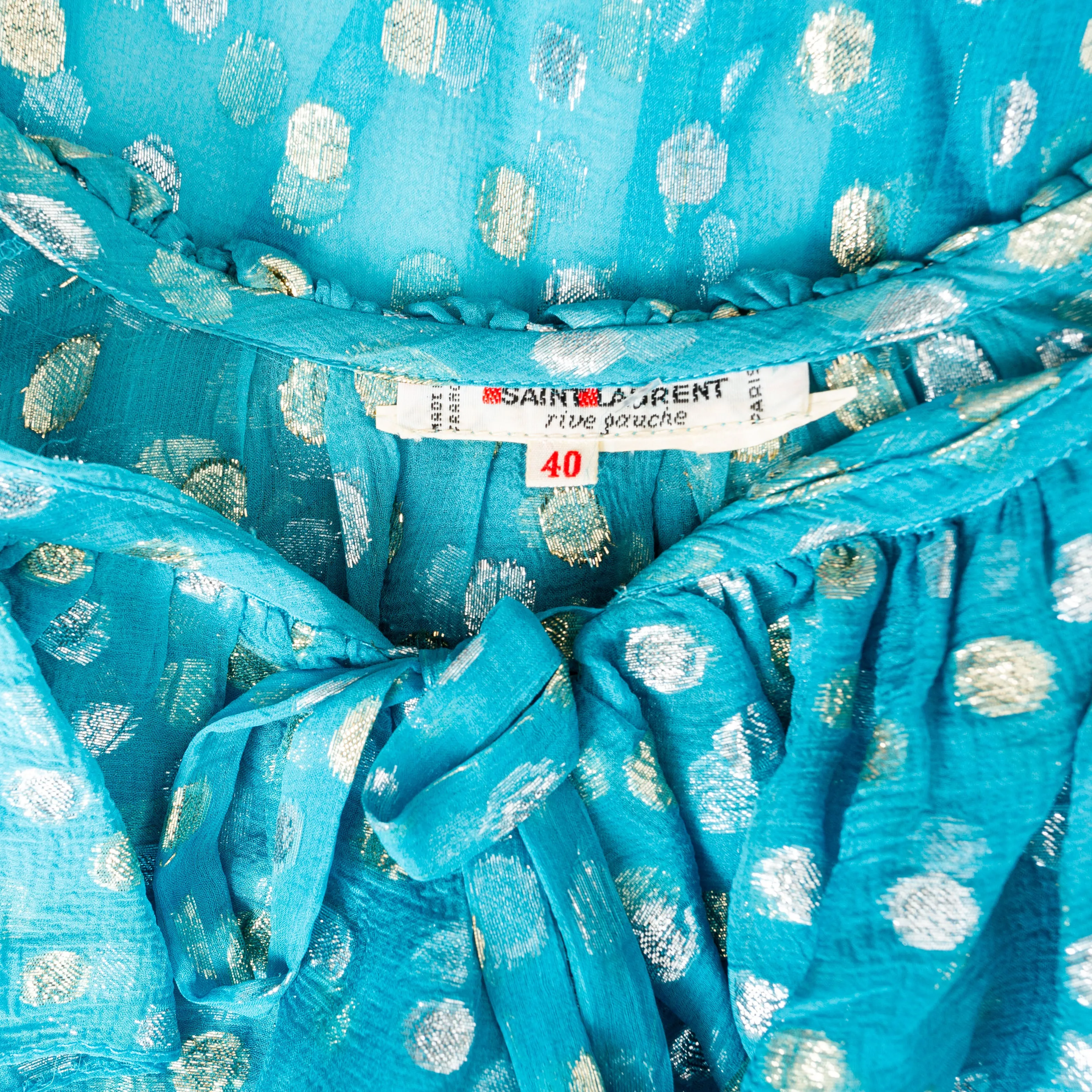 1970s Rive Gauche Blue Silk Metallic Polka Dot Embroidered Ruffled Blouse