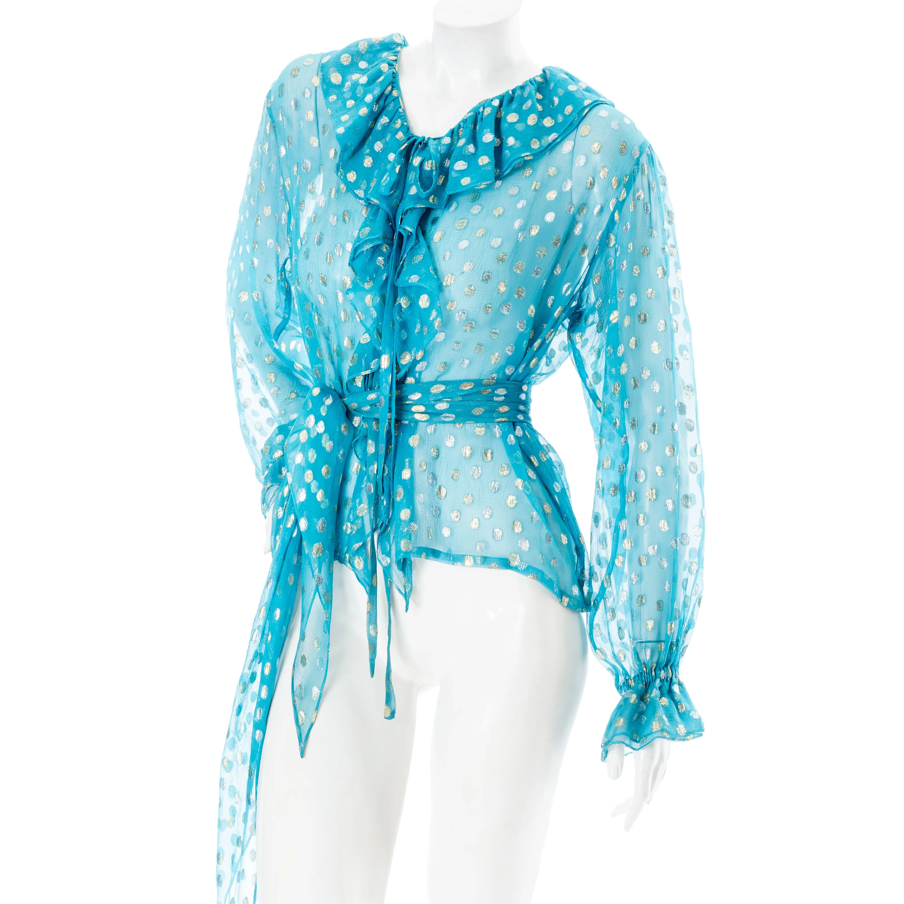1970s Rive Gauche Blue Silk Metallic Polka Dot Embroidered Ruffled Blouse