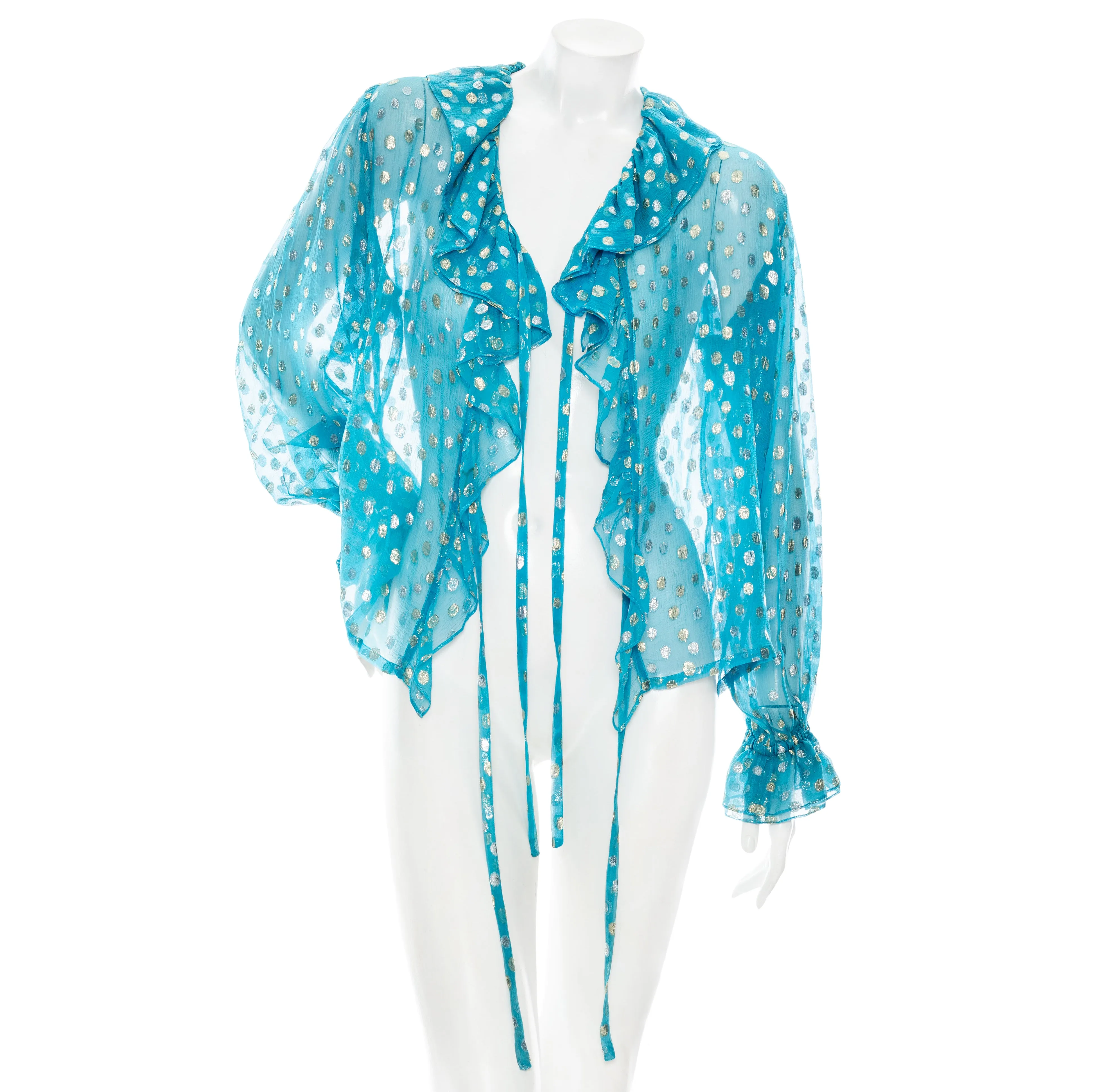 1970s Rive Gauche Blue Silk Metallic Polka Dot Embroidered Ruffled Blouse