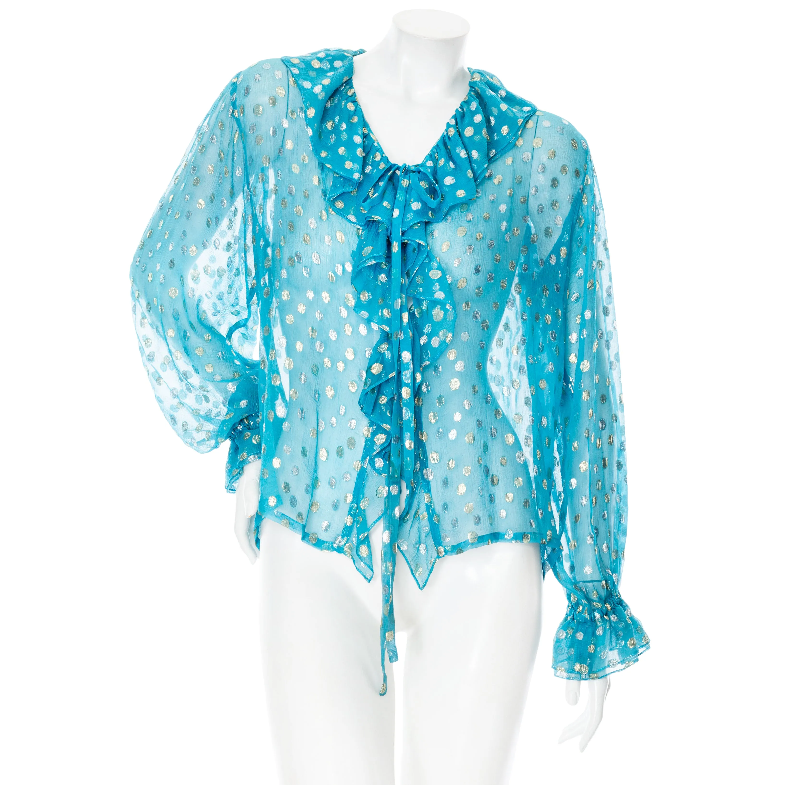 1970s Rive Gauche Blue Silk Metallic Polka Dot Embroidered Ruffled Blouse