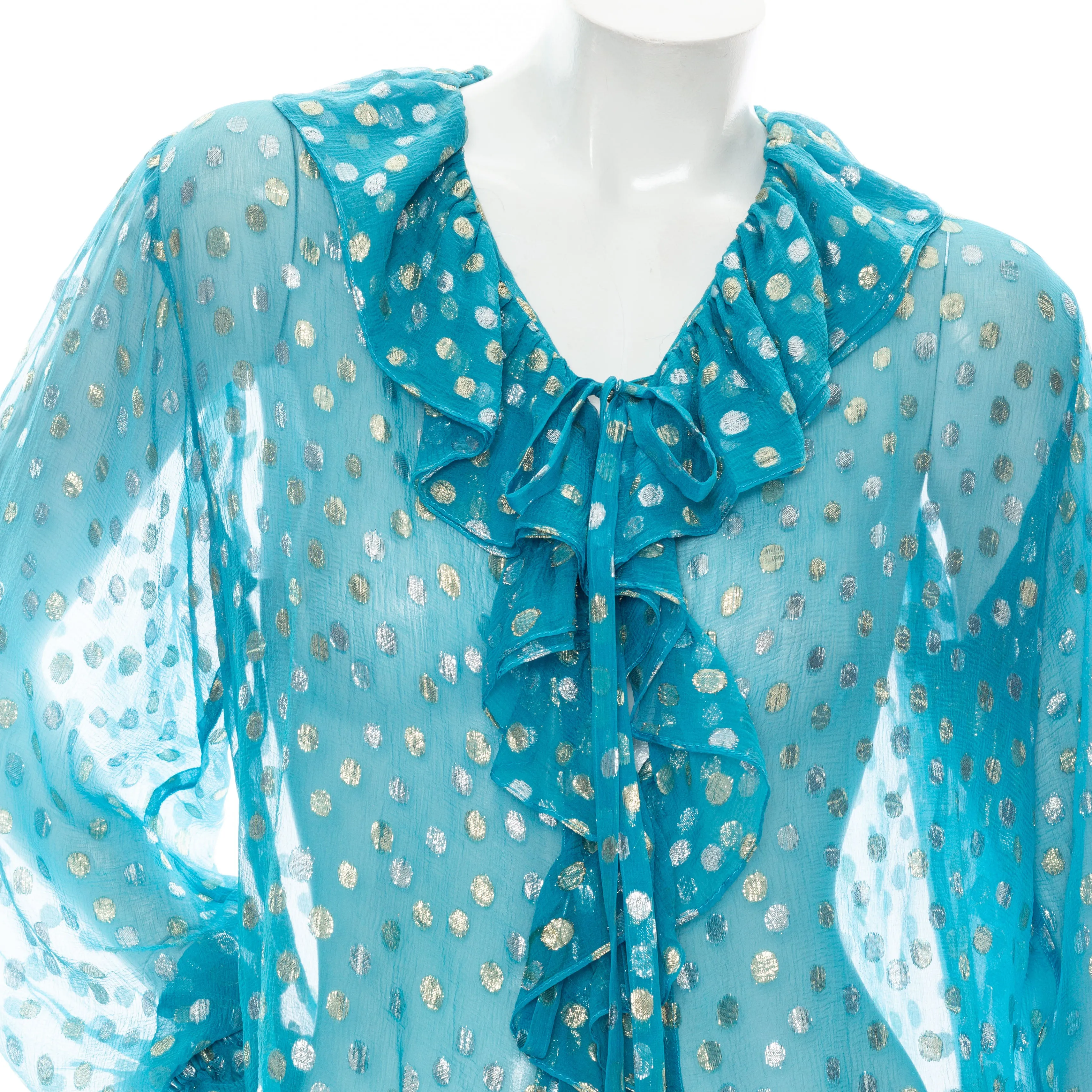 1970s Rive Gauche Blue Silk Metallic Polka Dot Embroidered Ruffled Blouse