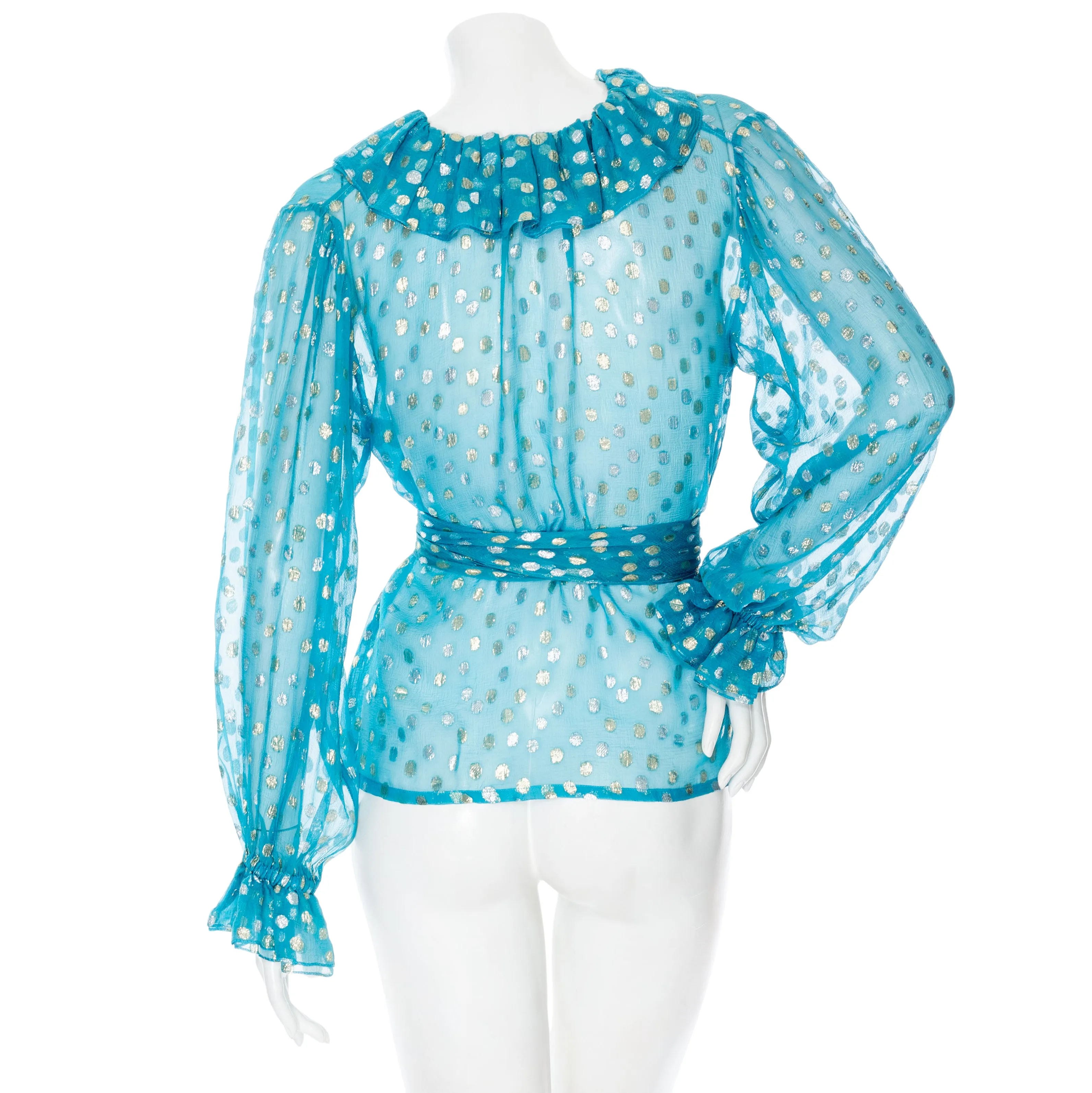 1970s Rive Gauche Blue Silk Metallic Polka Dot Embroidered Ruffled Blouse