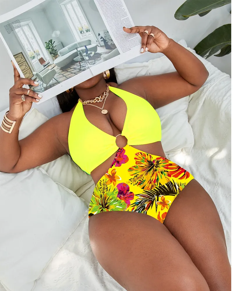 36 Pair's) Wholesale Plus Size Multicolor Print Ring Halter One Piece Swimsuit