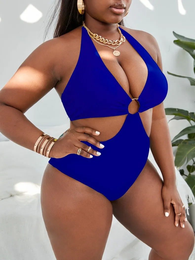 36 Pair's) Wholesale Plus Size Multicolor Print Ring Halter One Piece Swimsuit