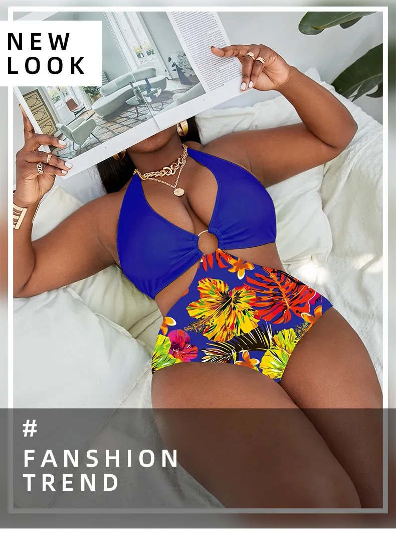 36 Pair's) Wholesale Plus Size Multicolor Print Ring Halter One Piece Swimsuit