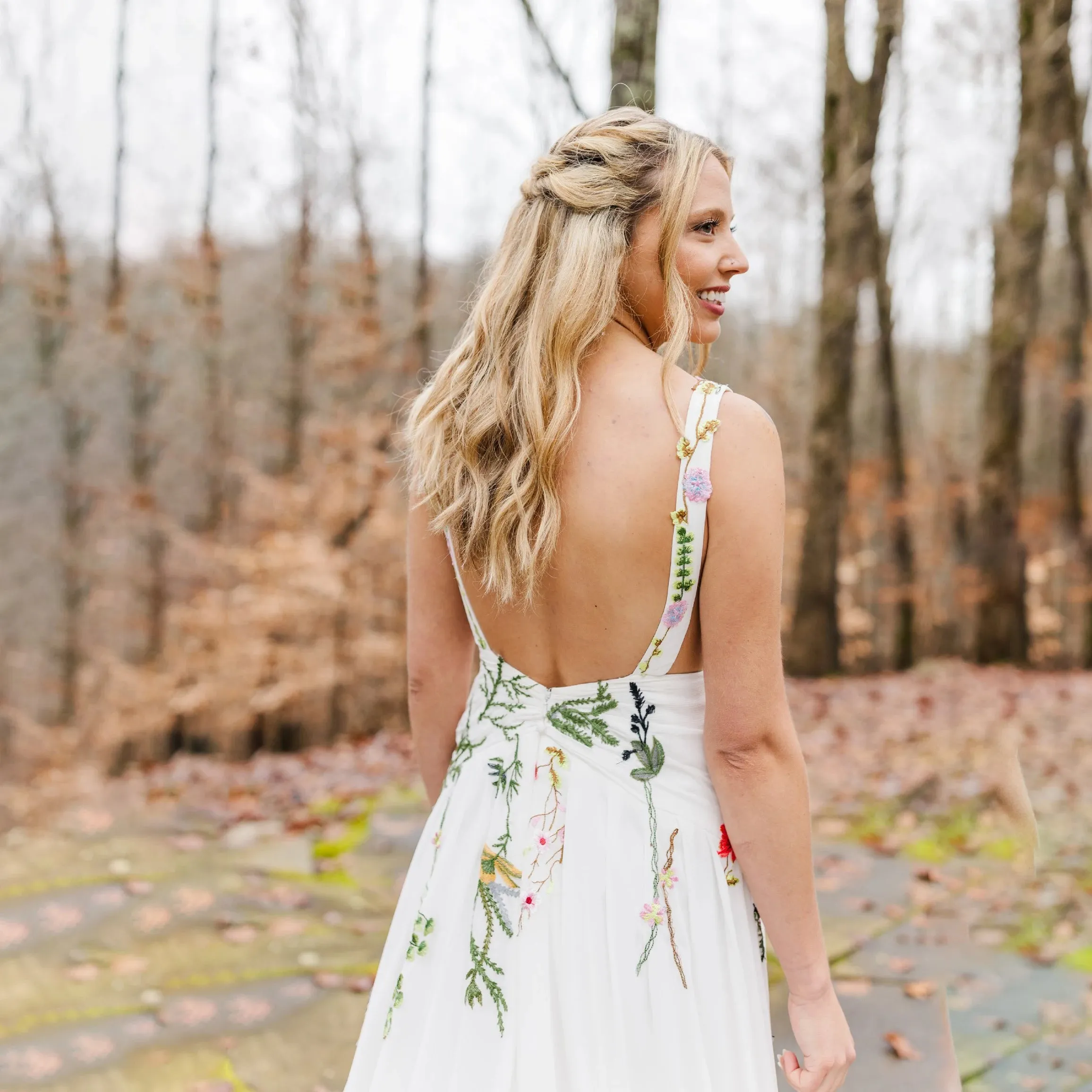 A Line Embroidered Wildflower Colorful Wedding Dress Custom Made Plunging