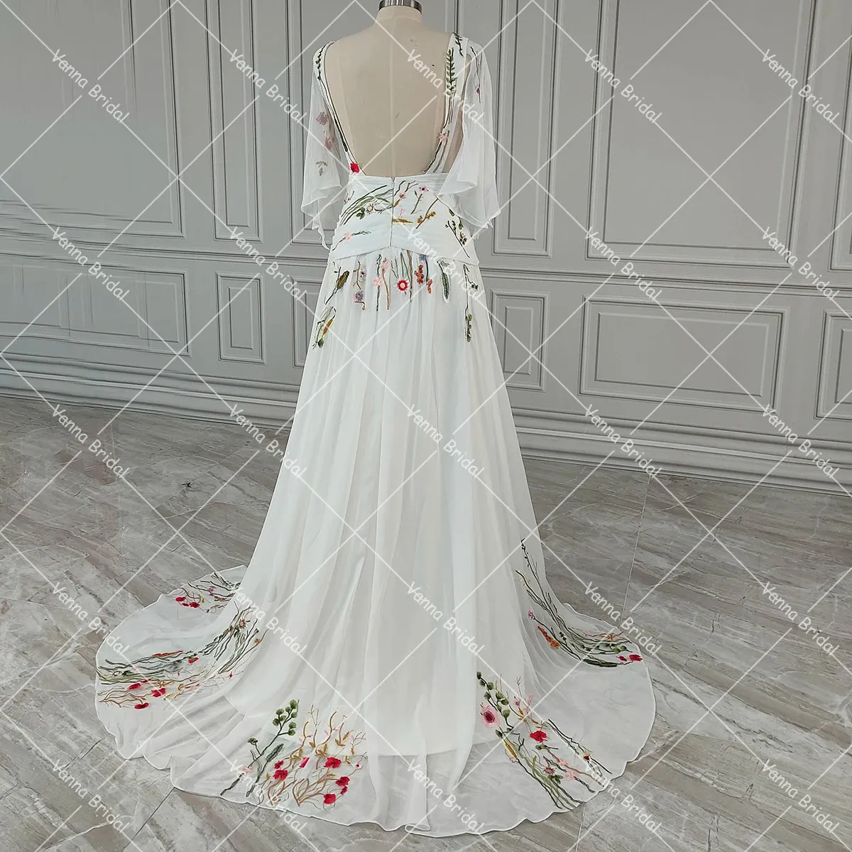 A Line Embroidered Wildflower Colorful Wedding Dress Custom Made Plunging