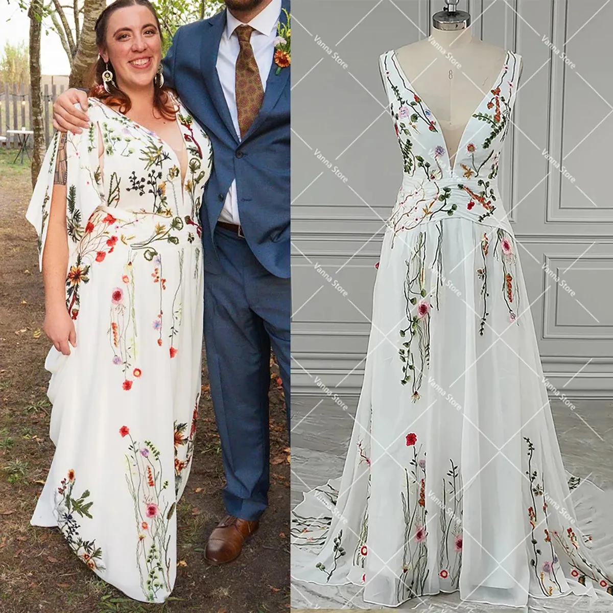 A Line Embroidered Wildflower Colorful Wedding Dress Custom Made Plunging