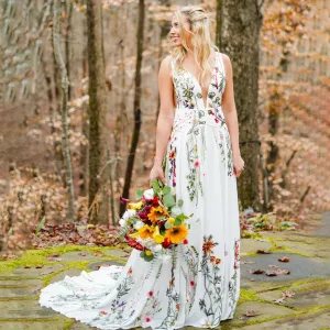 A Line Embroidered Wildflower Colorful Wedding Dress Custom Made Plunging