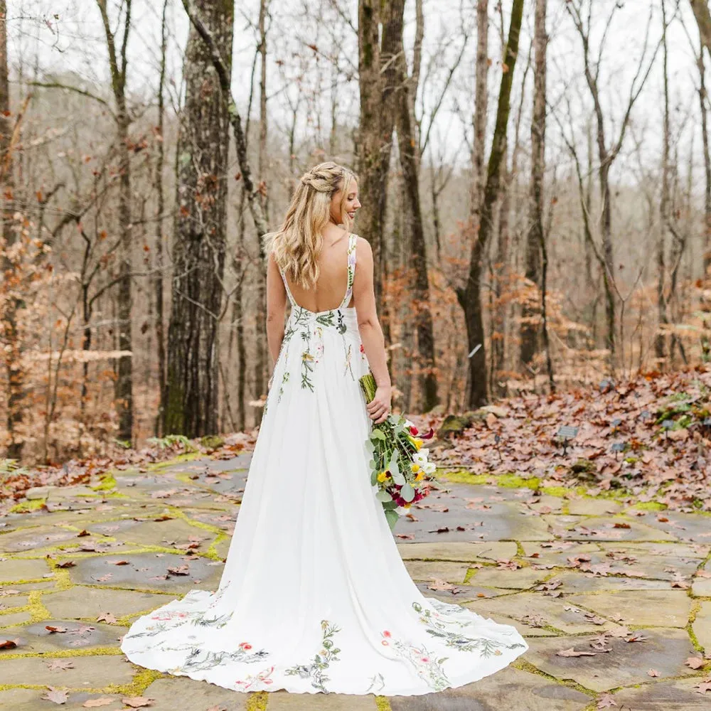 A Line Embroidered Wildflower Colorful Wedding Dress Custom Made Plunging
