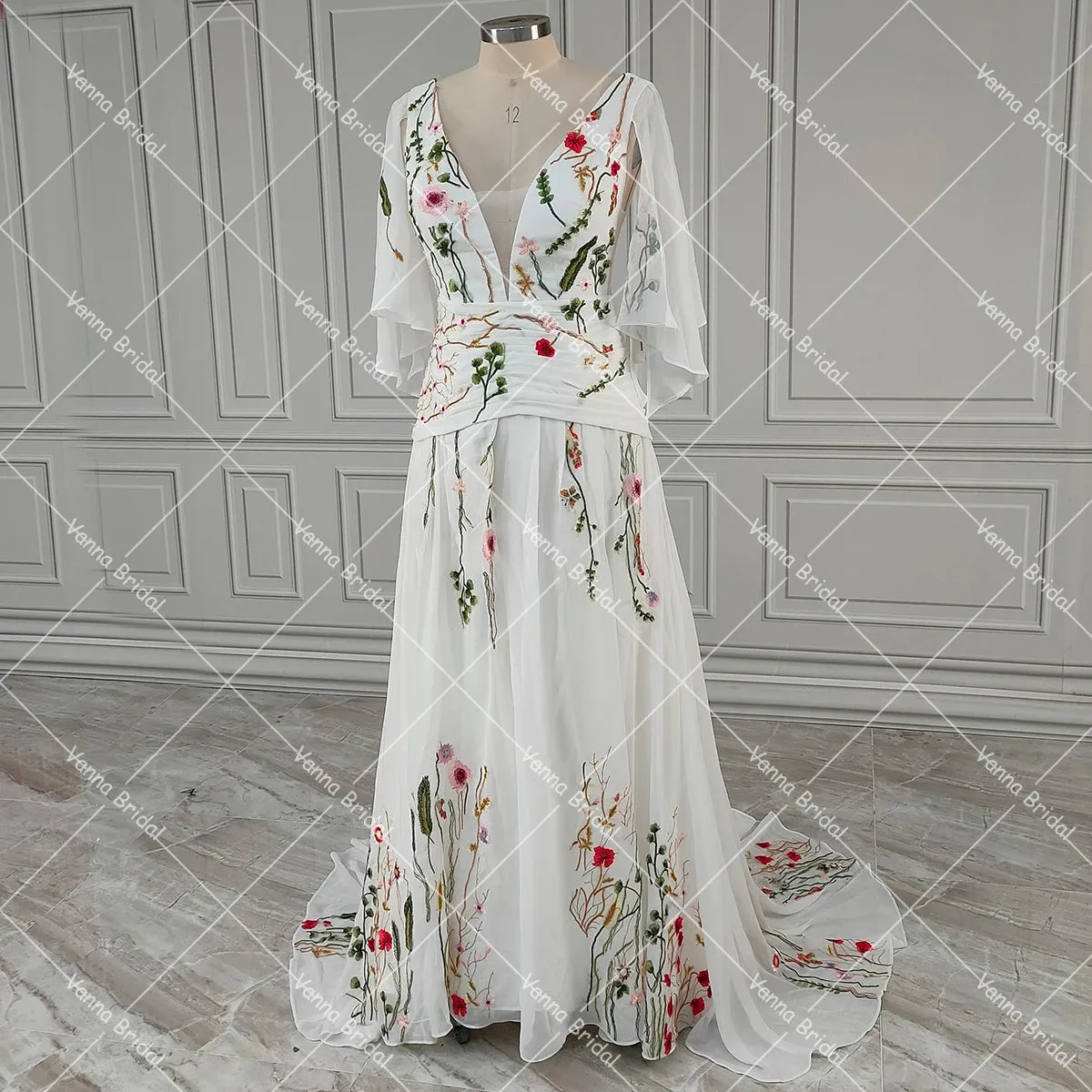 A Line Embroidered Wildflower Colorful Wedding Dress Custom Made Plunging