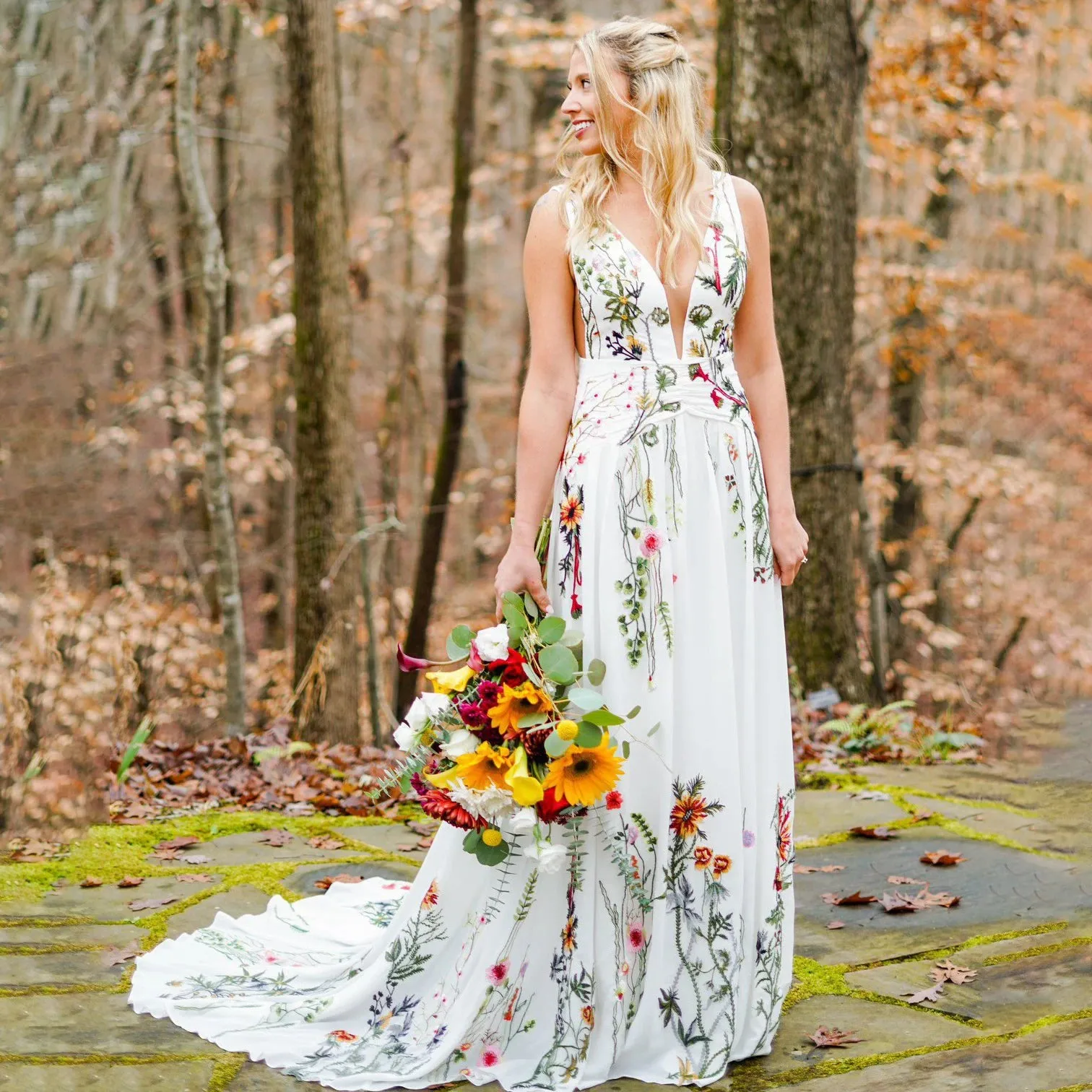 A Line Embroidered Wildflower Colorful Wedding Dress Custom Made Plunging