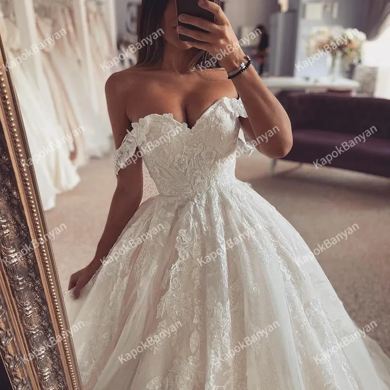 A-Line Princess Wedding Dresses Off The Shoulder Lace Appliques