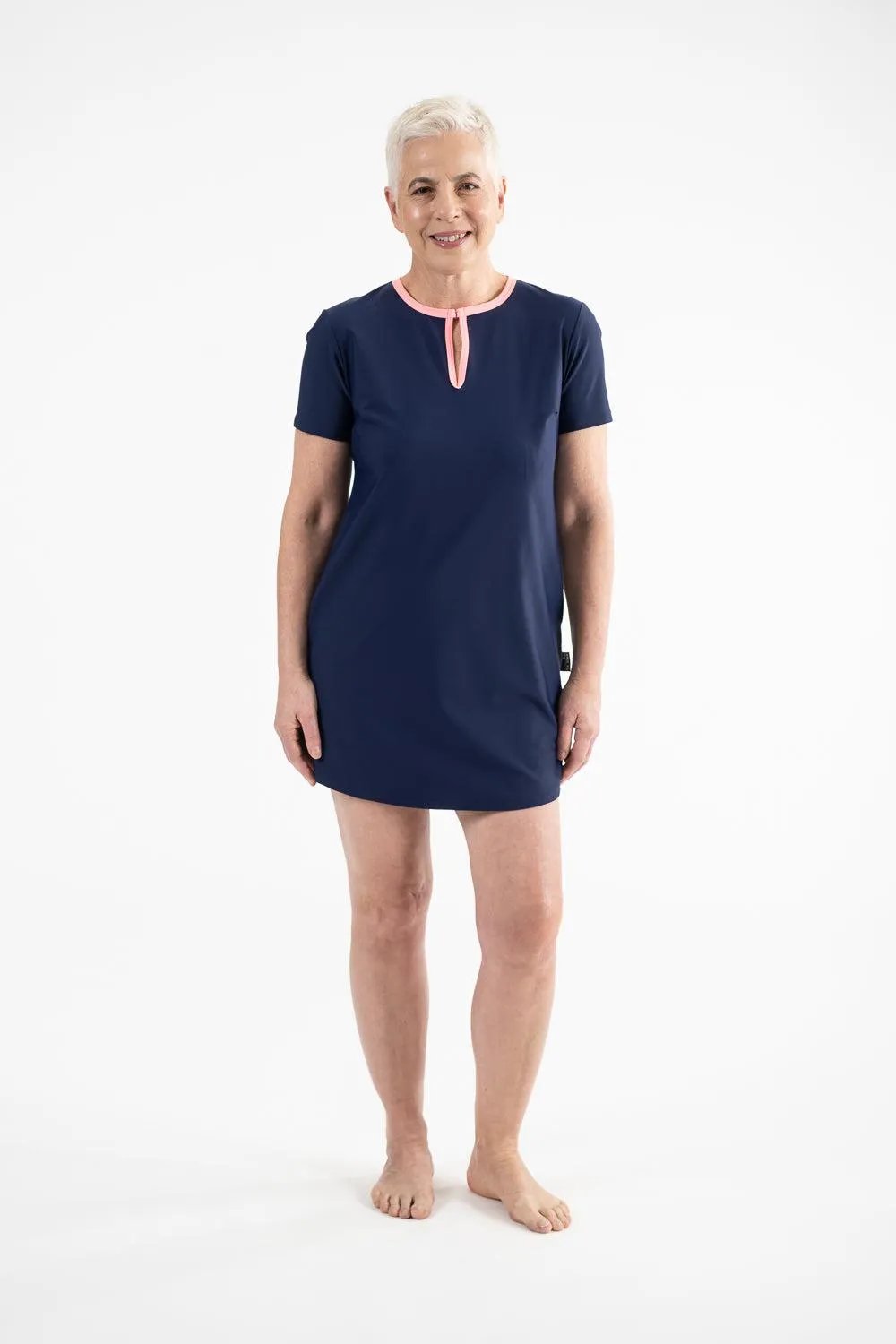 A-Line Rashie Dress Short Sleeves nautical navy and flamingo pink