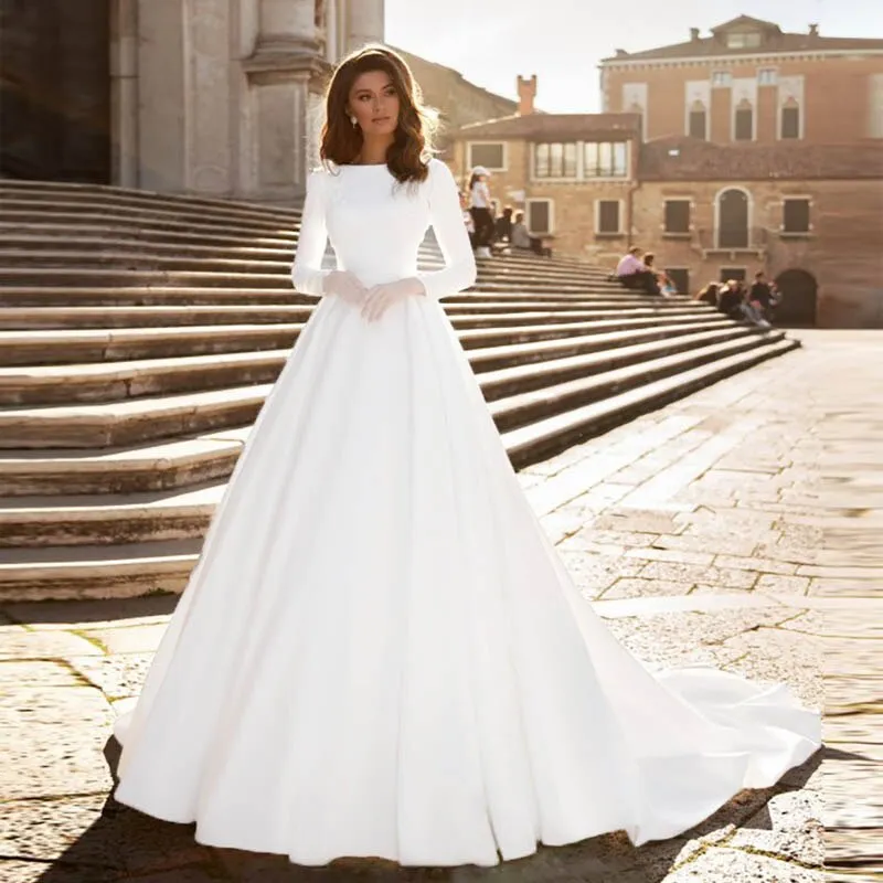 A-line Wedding Dress Ivory Satin Wedding Gowns Elegant Long Sleeve