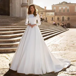 A-line Wedding Dress Ivory Satin Wedding Gowns Elegant Long Sleeve