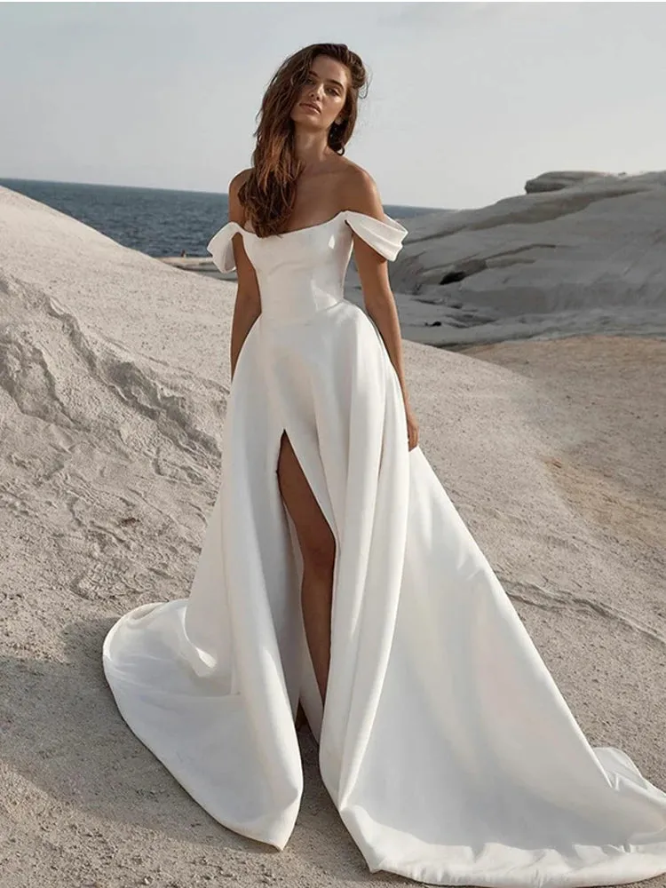 A Line Wedding Dresses Sleeveless Off The Shoulder Bridal Gowns