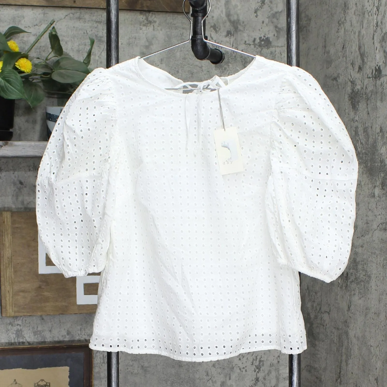 A New Day Women's Short Puff Sleeve Eyelet Top
