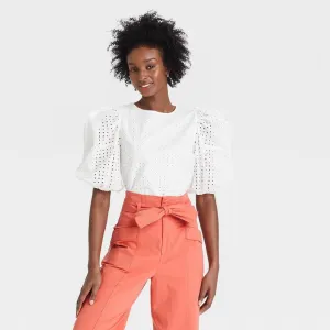 A New Day Women's Short Puff Sleeve Eyelet Top
