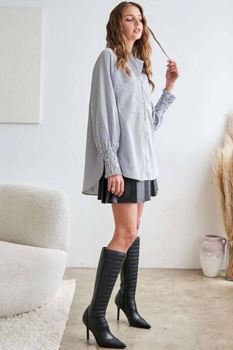 ADORA High-Low Striped Button down Smocked Lantern Sleeve Shirt