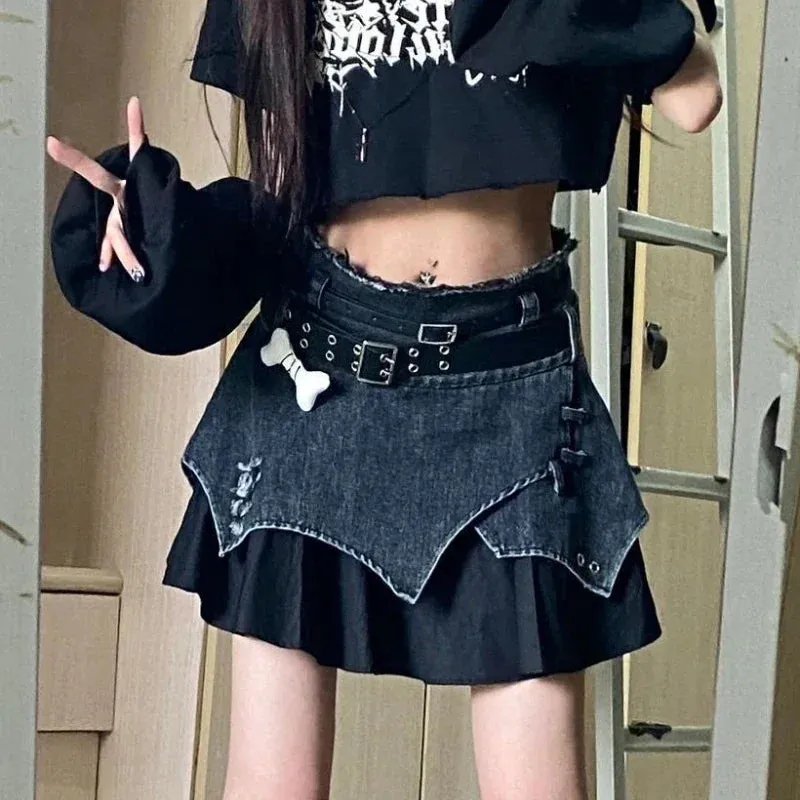 Aiertu Japanese Style Lolita Denim Skirt Gothic Women Harajuku Y2k Patchwork High Waist Mini Skirts Punk E Girl Irregular Sexy Skirts