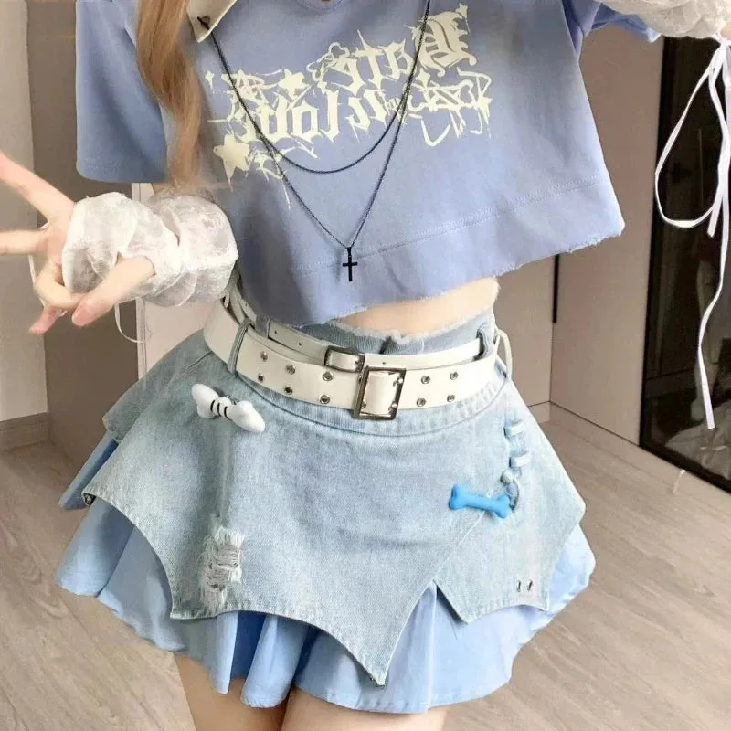 Aiertu Japanese Style Lolita Denim Skirt Gothic Women Harajuku Y2k Patchwork High Waist Mini Skirts Punk E Girl Irregular Sexy Skirts