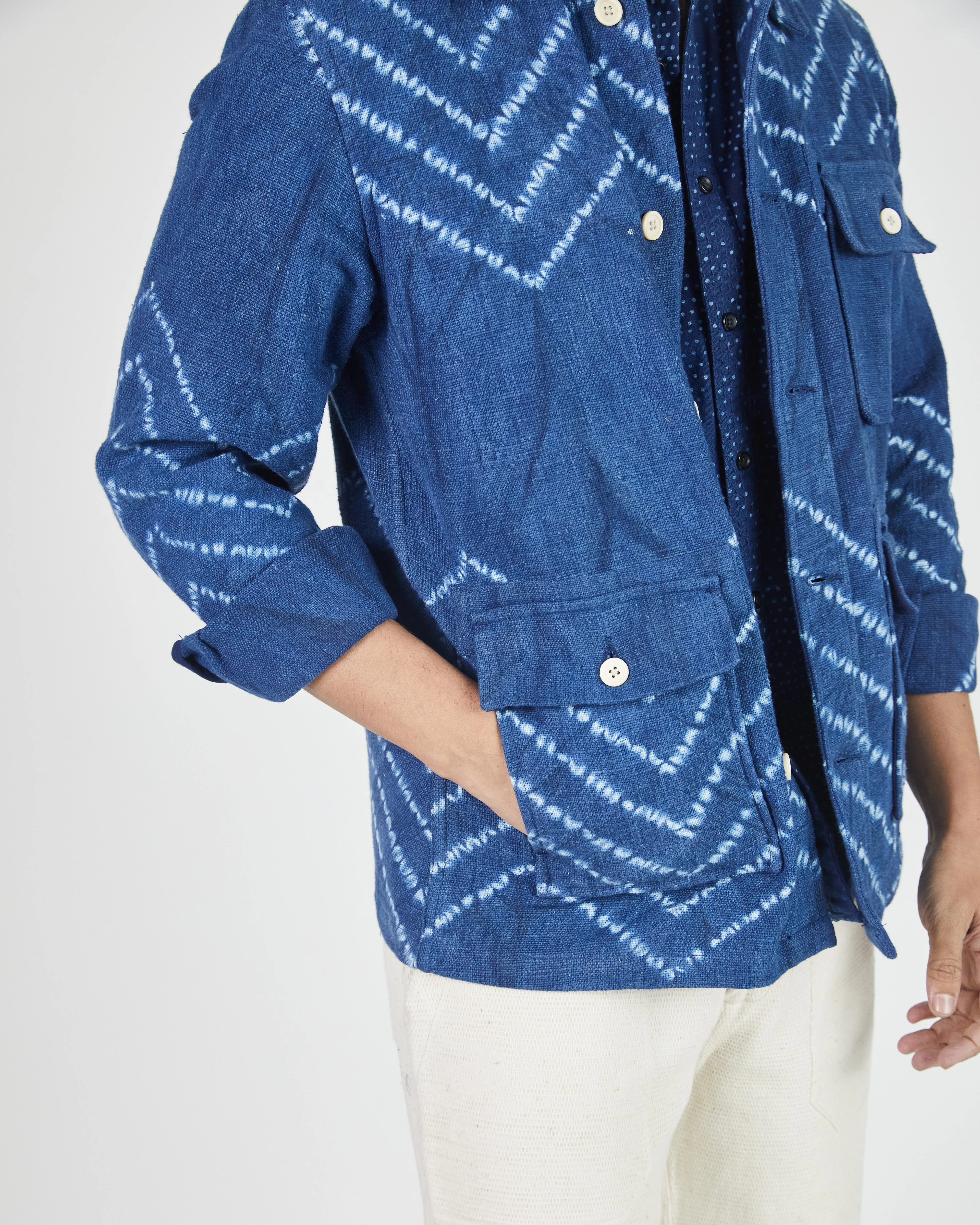 Akash Chore Coat in Chevron Shibori Nubby Indigo