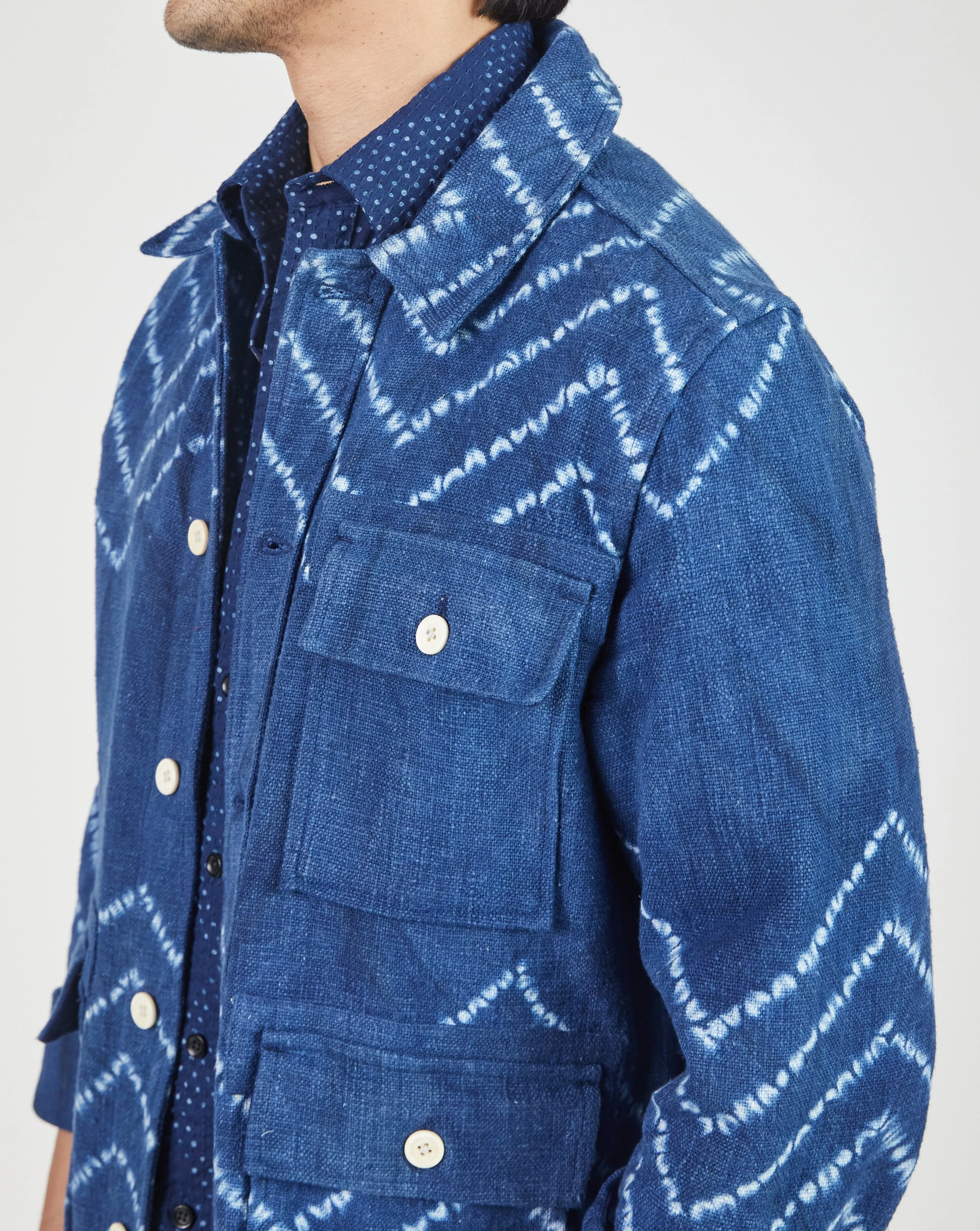 Akash Chore Coat in Chevron Shibori Nubby Indigo