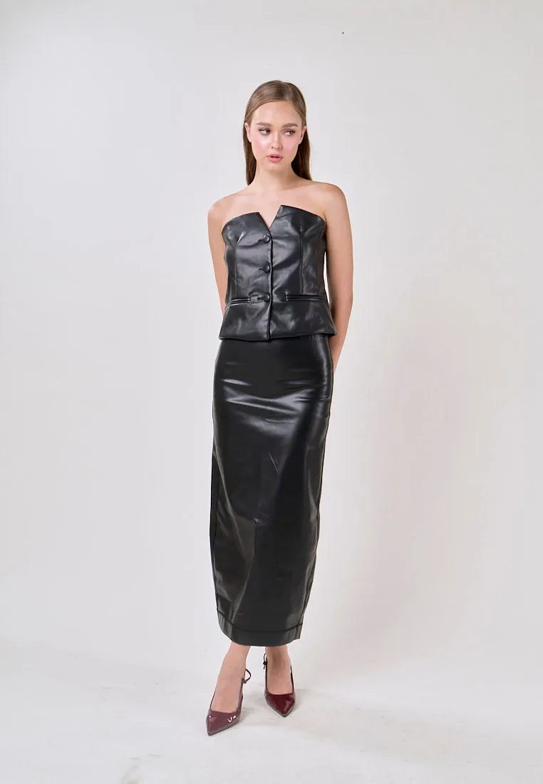 Andromeda Black Faux Leather Zipper Fly Midi Skirt