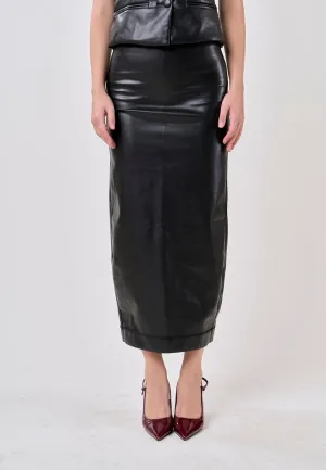 Andromeda Black Faux Leather Zipper Fly Midi Skirt