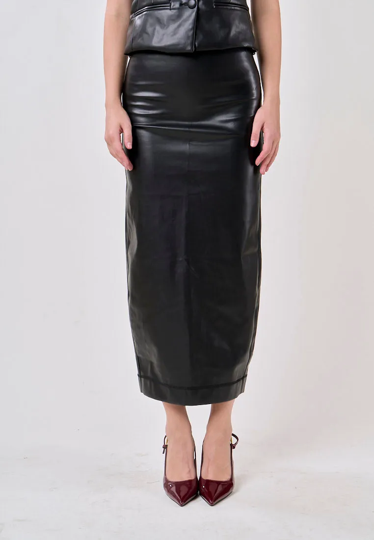 Andromeda Black Faux Leather Zipper Fly Midi Skirt