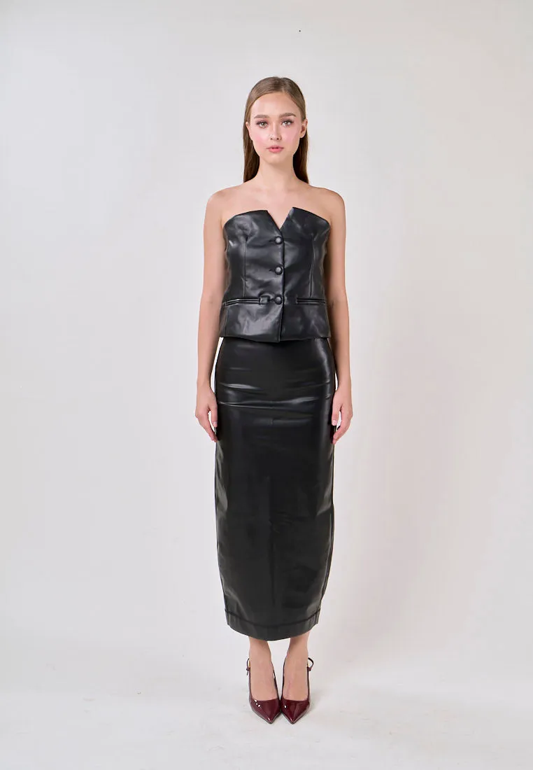 Andromeda Black Faux Leather Zipper Fly Midi Skirt