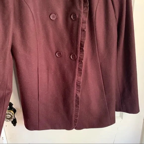 Ann Taylor Ruffle Neck Wool Blend Pea Coat Large Buttons Maroon Burgundy Small S