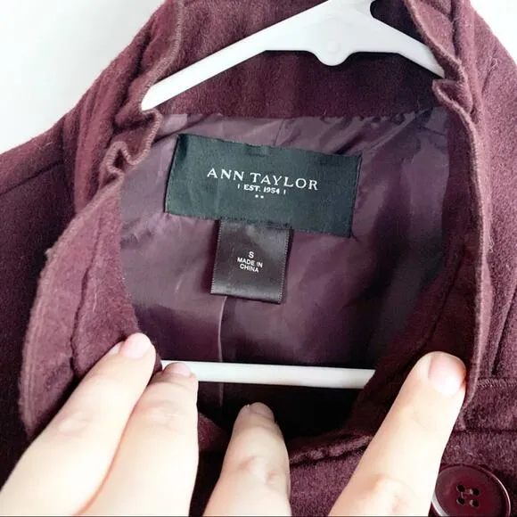 Ann Taylor Ruffle Neck Wool Blend Pea Coat Large Buttons Maroon Burgundy Small S