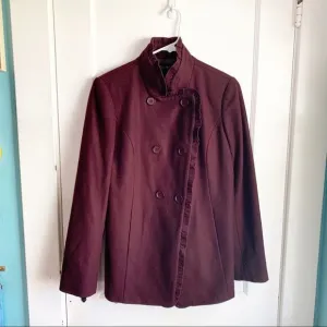 Ann Taylor Ruffle Neck Wool Blend Pea Coat Large Buttons Maroon Burgundy Small S