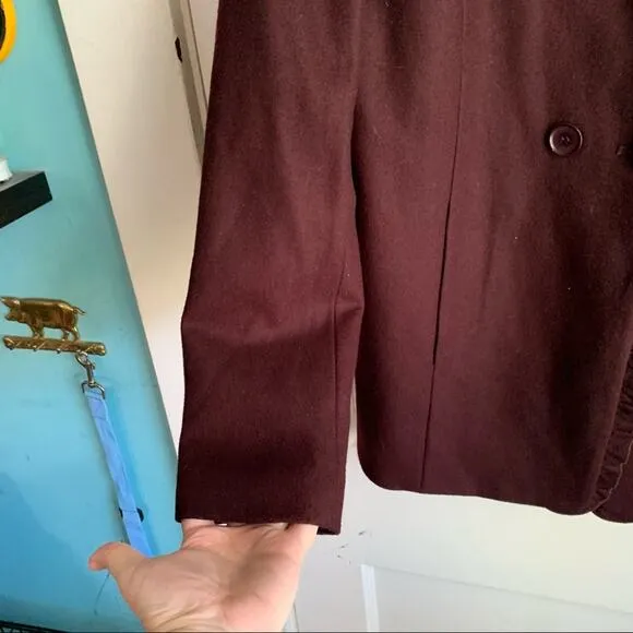 Ann Taylor Ruffle Neck Wool Blend Pea Coat Large Buttons Maroon Burgundy Small S