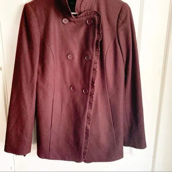 Ann Taylor Ruffle Neck Wool Blend Pea Coat Large Buttons Maroon Burgundy Small S