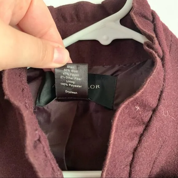 Ann Taylor Ruffle Neck Wool Blend Pea Coat Large Buttons Maroon Burgundy Small S