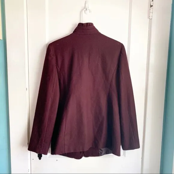 Ann Taylor Ruffle Neck Wool Blend Pea Coat Large Buttons Maroon Burgundy Small S