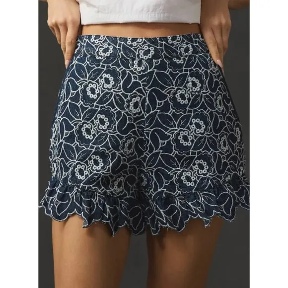 Anthropologie Maeve Embroidered Floral Denim Shorts NWT Size 14