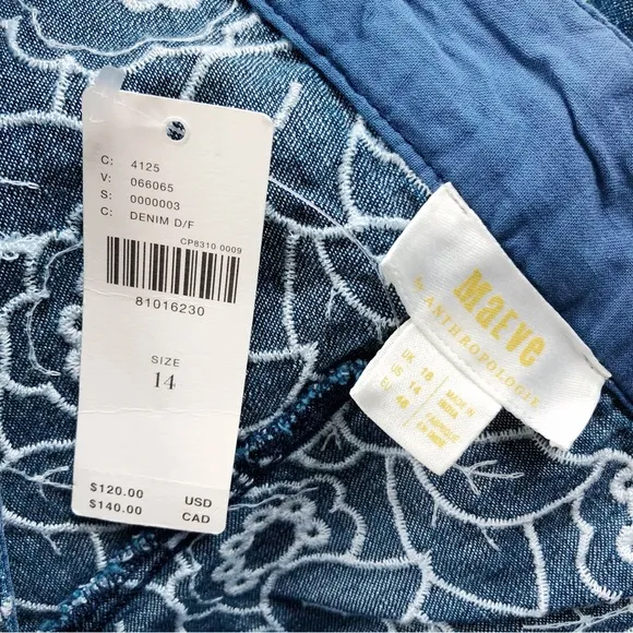 Anthropologie Maeve Embroidered Floral Denim Shorts NWT Size 14