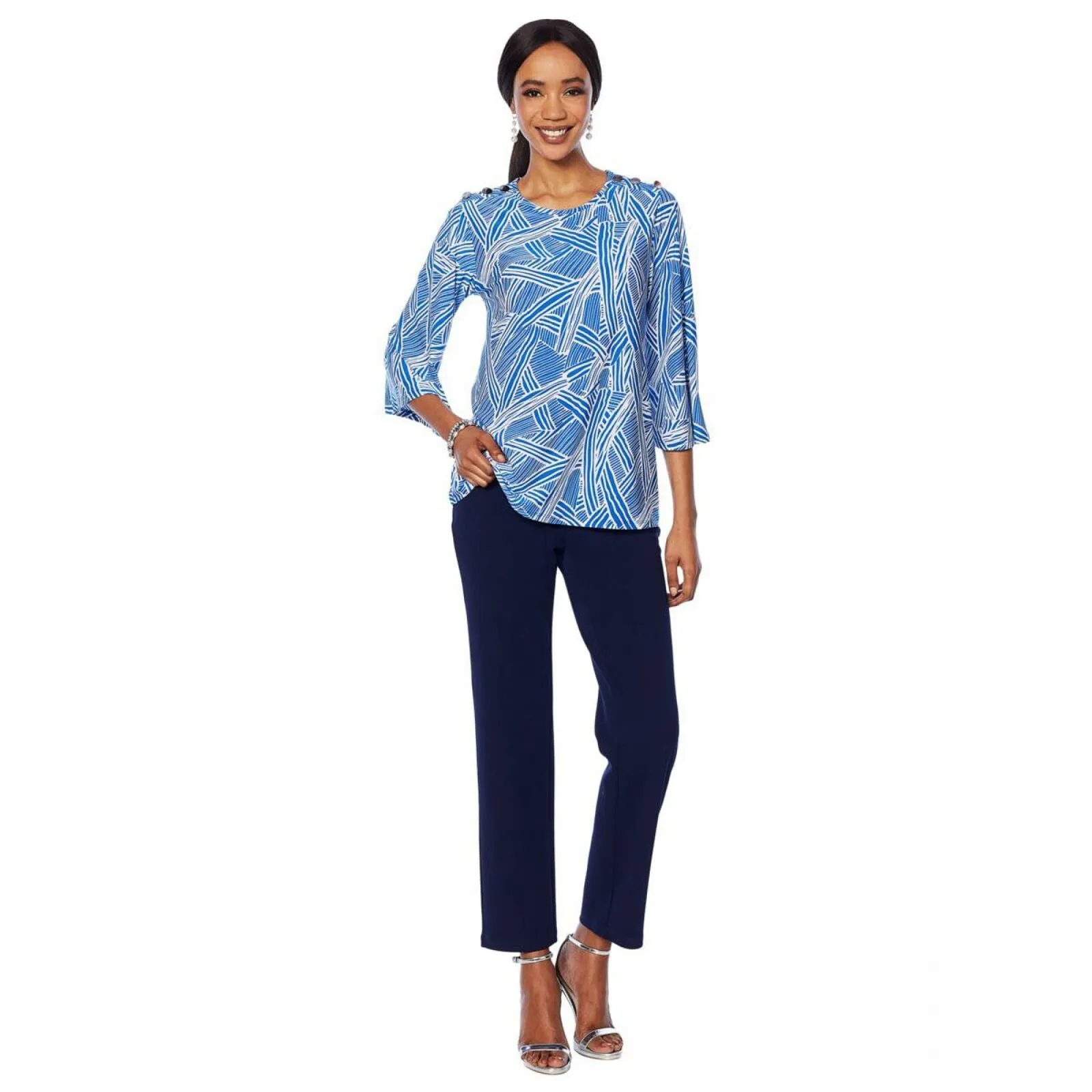 Antthony Women's Smooth Sports Printed Top With Button Detail Blue Large