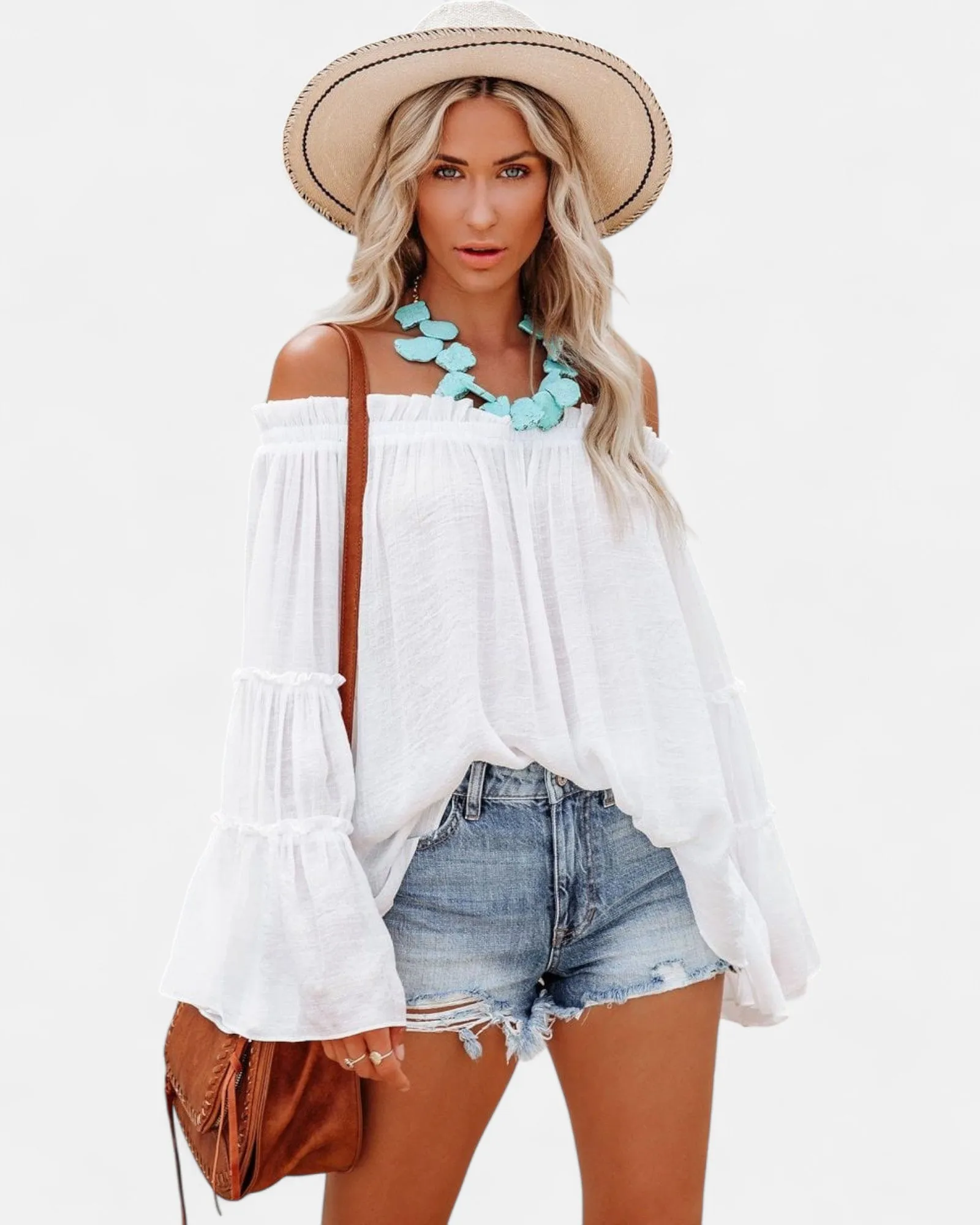 Arabella – Flowy Off-Shoulder Boho Top with Flare Sleeves