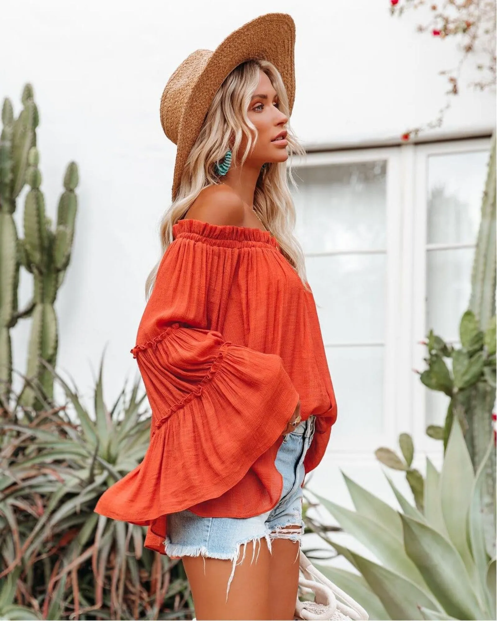 Arabella – Flowy Off-Shoulder Boho Top with Flare Sleeves