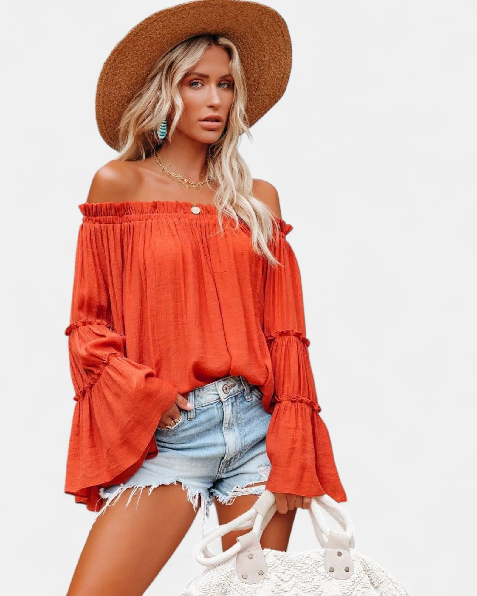 Arabella – Flowy Off-Shoulder Boho Top with Flare Sleeves