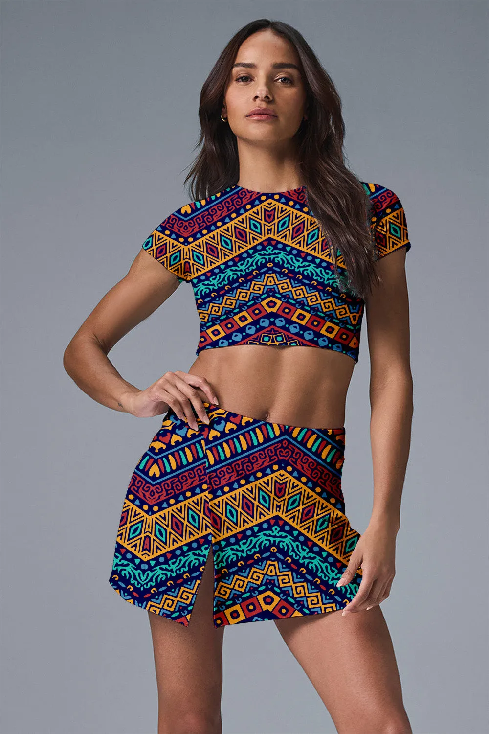 Aztec Motion Set – Tribal-Inspired Crop Top & Skort for Active Sports